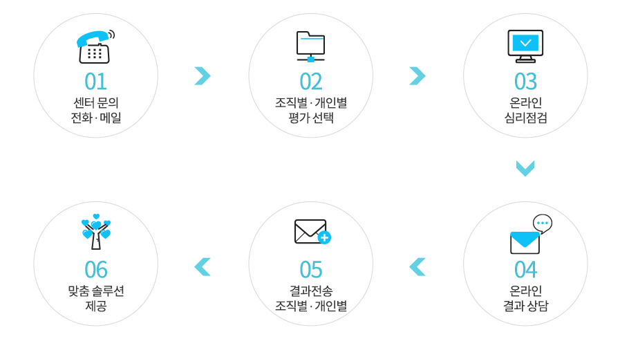 01센터 문의 전화/메일, 02 조직별/개인별 평가 선택, 03 온라인 심리점검, 04 온라인 결과 상담, 05 결과전송 조직별/개인별, 06 맞춤 솔루션 제공